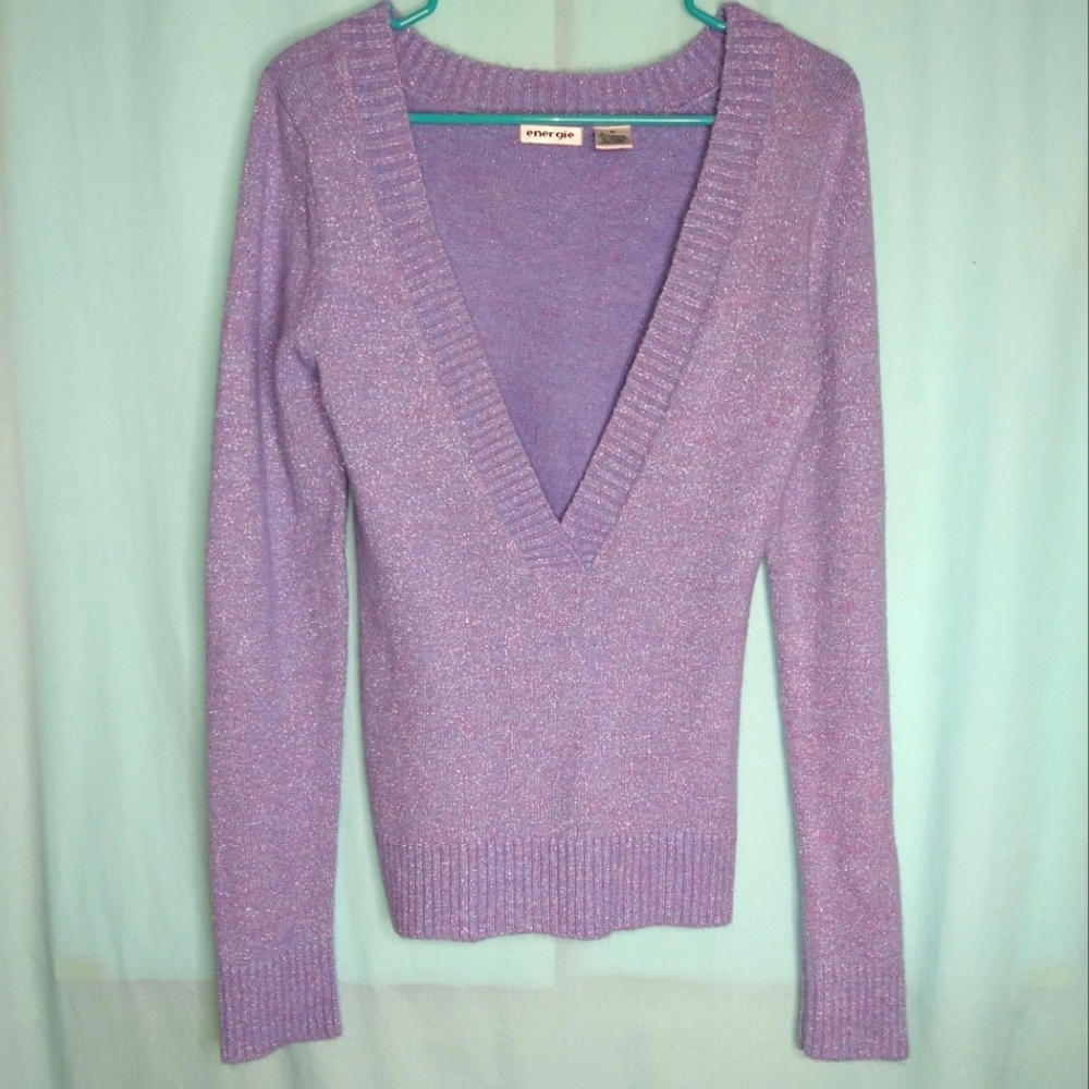 Energie purple deep v neckline sexy metallic sweater